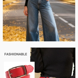 Detail of red leather belt for women with golden square buckle on casual jeans