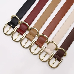 Set of six minimalist women's leather belts with golden D-shaped buckles in various colors