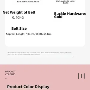 Size chart for women's thin belts showing 103cm length, 2.3cm width and color options