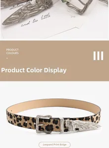 Detailed close-up of leopard print belt with vintage silver engraved buckle and metal tip