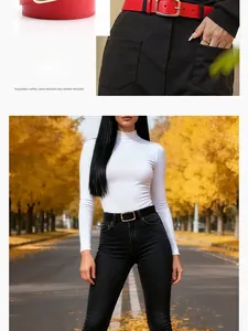 Detail of minimalist leather waist belt for women with polished golden rectangular buckle