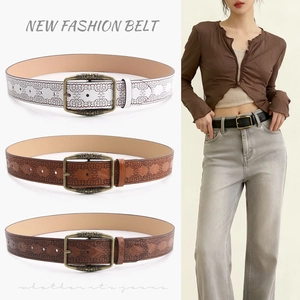 American Vintage Embossed Women Belt Ethnic Style Distressed Alloy Pin Buckle Faux Leather Waist Strap For Jeans Accessories