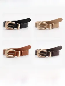 Collage of slim leather belts in black, khaki, camel, and coffee with gold buckles