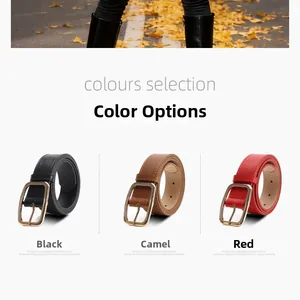 Three minimalist women belts in black, camel, and red with golden square buckles