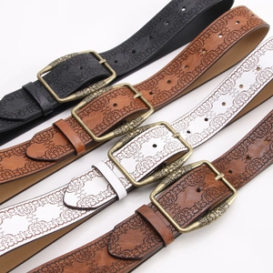 Vintage floral embossed leather belts for women with engraved bronze buckles in four colors