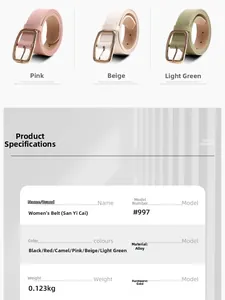 Detailed size chart for women's slim belts with alloy buckles in assorted colors