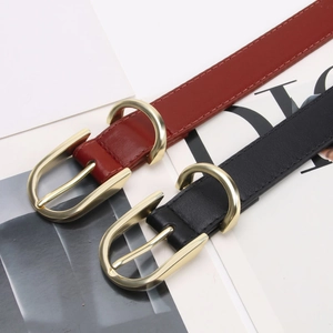 Minimalist women's leather belt with gold pin buckle in black and burgundy variants