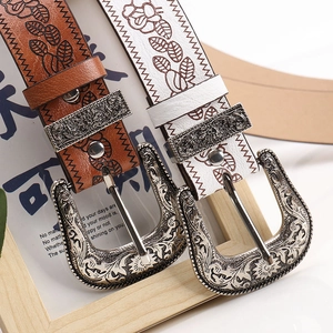 Vintage western embossed leather belts with floral buckle in brown and white colors