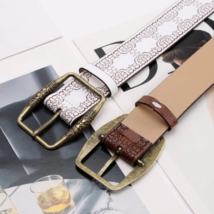Vintage printed faux leather belt with antique bronze buckle for women jeans
