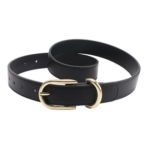 Classic black leather belt for women with elegant golden oval buckle for jeans and pants