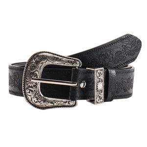 Vintage American style black embossed wide belt with an ornate silver engraved buckle