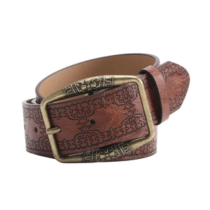 Vintage American style brown leather belt with embossed patterns and bronze buckle