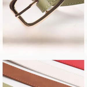 Detail showing polished zinc alloy buckle and colorful leather belts in multiple colors