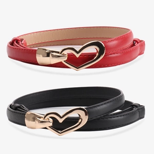 Ceintures fines en similicuir pour femmes avec boucles coeur dorées en rouge et noir