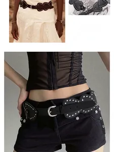 Close-up of Y2K vintage heart rivet belt featuring silver studs and metallic pin buckle