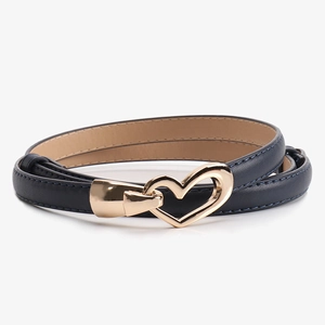 Ceinture fine en cuir bleu marine pour femme avec boucle en métal doré en forme de cœur