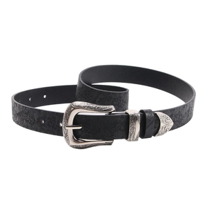 Ceinture noire gaufrée avec boucle argentée style western et détails papillon ciselés