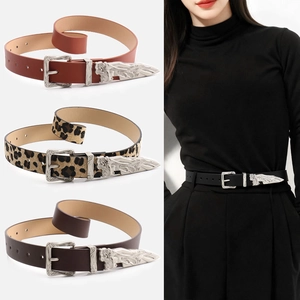 Western Retro Carved PU Leather Belt For Women With Mermaid Buckle Loop And Tail Tip Bohemian Fashion Waist Band Accessory