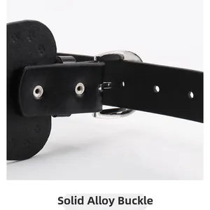 Close-up of the solid silver alloy buckle and black leather strap with precise adjustment holes