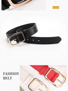 Detail view of fashion thin belts with golden rectangular buckles in multiple colors