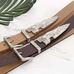 Vintage western leather belts with floral engraved silver buckle and metal tip accents