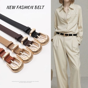 Vintage Faux Leather Skinny Belt For Women With Gold Alloy Horseshoe Buckle Western Bohemian Decorative Waist Belt For Jeans