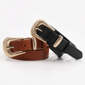 Classic black and brown women's PU leather belts with decorative gold metal buckles