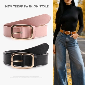 Women's PU Leather Belt With Golden Square Pin Buckle Minimalist Lychee Texture Versatile Fashion Waistband For Jeans Dresses