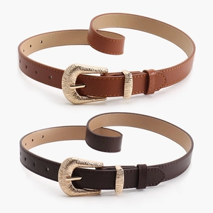 Retro slim women belt with golden buckle in light brown and dark coffee PU leather