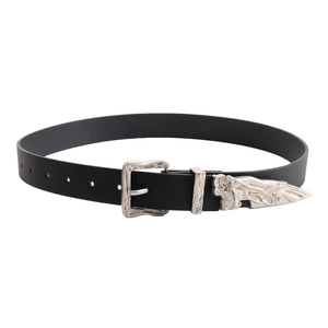 Western vintage black leather belt with engraved silver buckle and metal tip detail