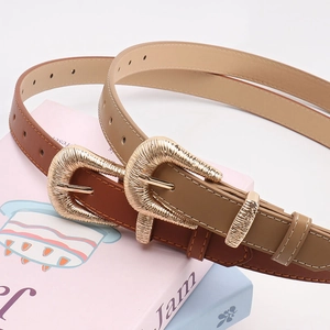 Retro slim leather belt for women with unique golden textured buckle in brown and khaki