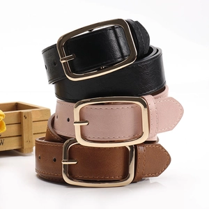 Minimalist women's leather belt set with gold square buckle in black, pink and brown