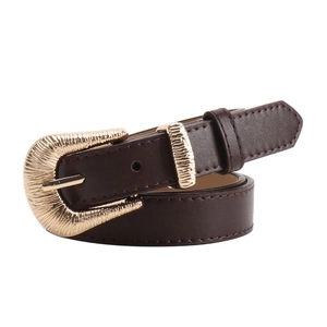 Slim dark brown leather belt with vintage gold Western style buckle for women