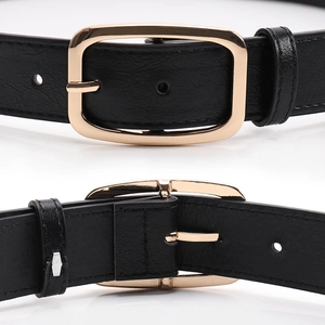 Minimalist black lychee grain leather belt for women with elegant gold pin buckle