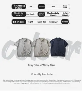 Dettaglio in piano di polo in maglia grigio, kaki e blu navy con orli a costine