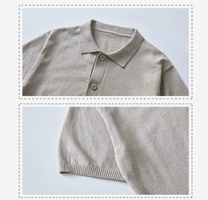 Dettaglio macro della polo da uomo in maglia con orlo a costine e colletto classico a bottoni