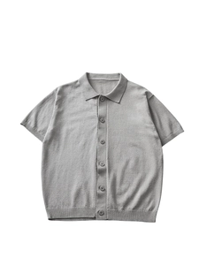 Cardigan polo da uomo in maglia grigio medio con maniche corte e finiture a costine
