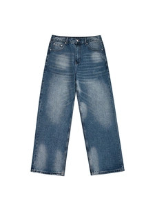 Jeans da uomo vintage lavaggio scuro, gamba larga e dritta, effetto invecchiato americano