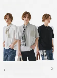 Three-color display of loose-fit men's crew neck t-shirts in white, gray and black