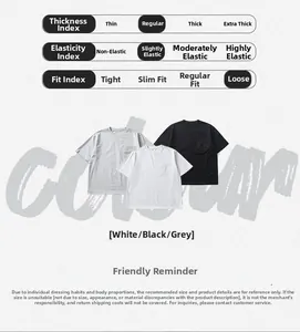 Detailed parameter guide for men's cotton t-shirts showing fit, stretch, and fabric thickness