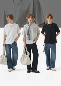 Close-up of chest pocket detail and three versatile styling looks for men's cotton t-shirts