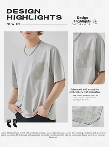 Detail view of a loose-fit men's grey t-shirt showing chest pocket and stitching quality