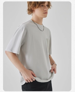 Detail shot of men's short-sleeve tee featuring a crew neck and functional chest pocket