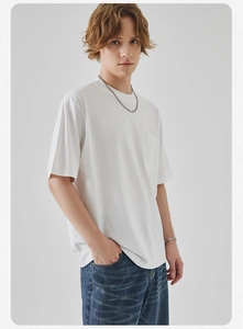Detail view of white short sleeve T-shirt with chest pocket and minimalist crew neck