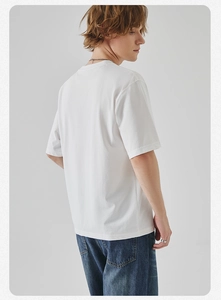 Detailed view of white cotton T-shirt showing minimalist back fit and high-quality fabric