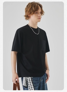 Detail of premium black cotton t-shirt with classic crew neck and single chest pocket