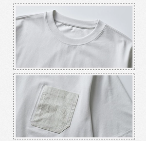 Detail view of round neckline stitching and textured chest pocket on white cotton T-shirt