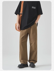 Detail view of brown wide-leg cargo pants with stitching design and knee panels