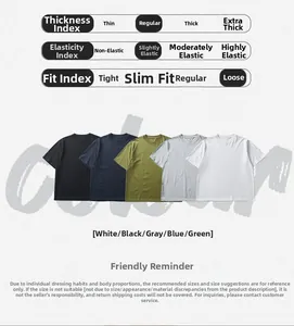 Detail view of cotton t-shirt fabric properties and five available solid colors in stock