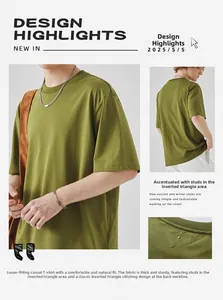 Detail view of olive green cotton t-shirt featuring rear neck triangle stitching and stud